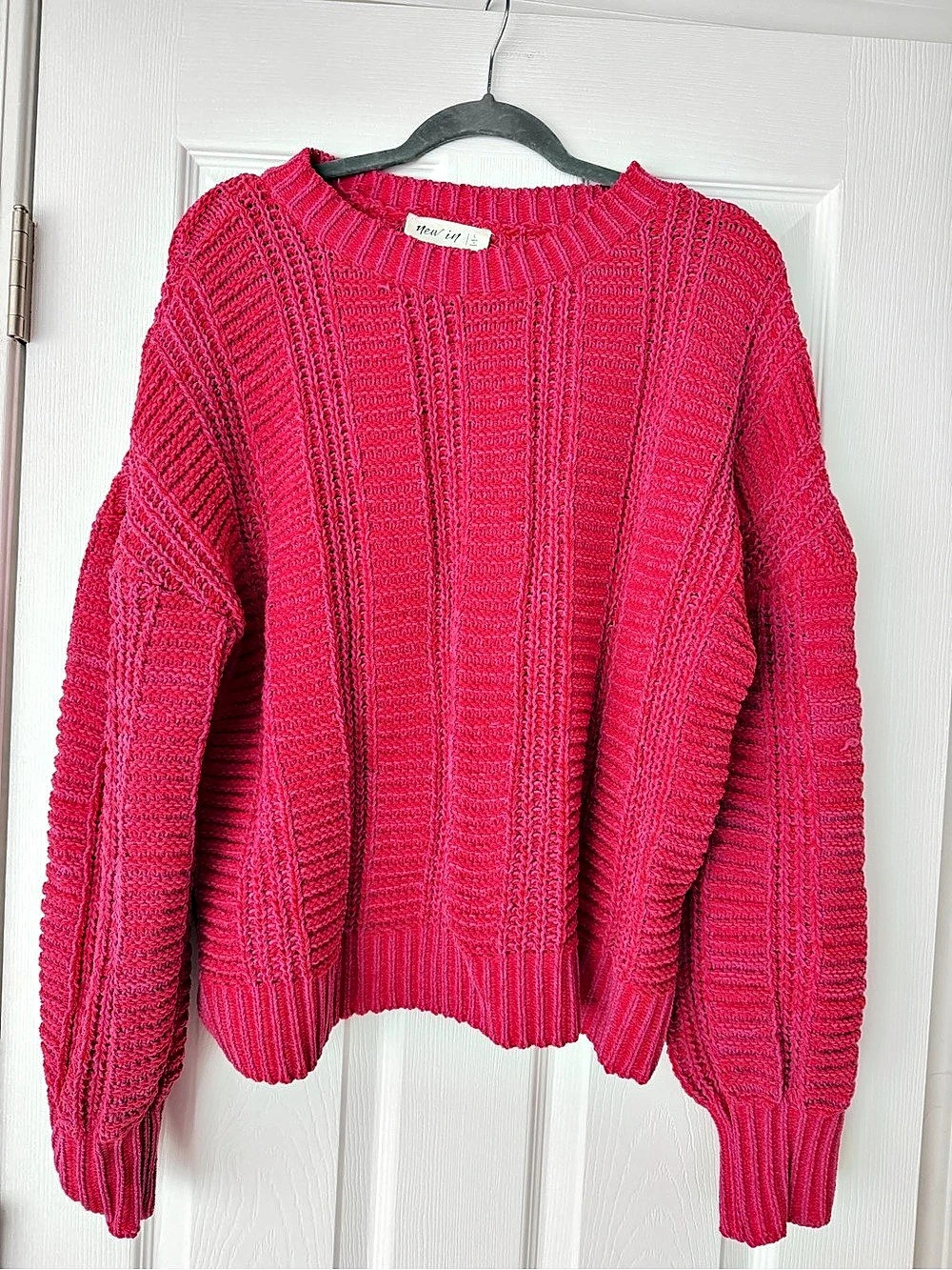 Pink Textured Knit Crewneck Sweater